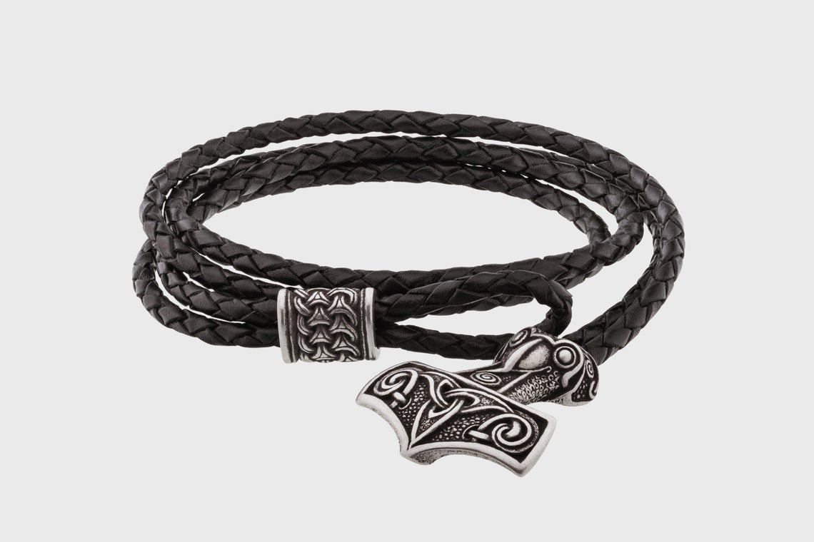 MØLNIR - Bronze Argent & Cuir Noir tressé - La Taverne du Viking